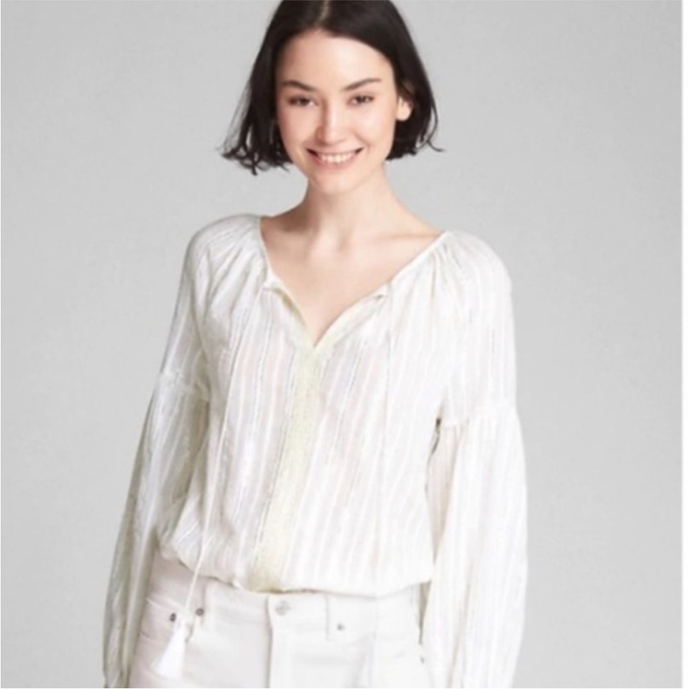 Boho Cotton Balloon Sleeve Metallic Stripe Cottagecore Blouse Ivory Off-white M